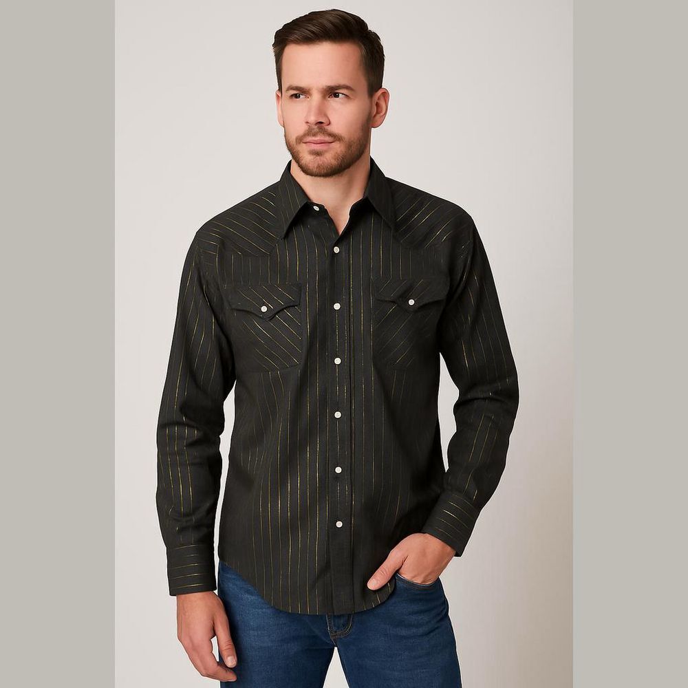 ELY Cattleman Black Metallic Stripe Men's Western Shirt Size 16 30